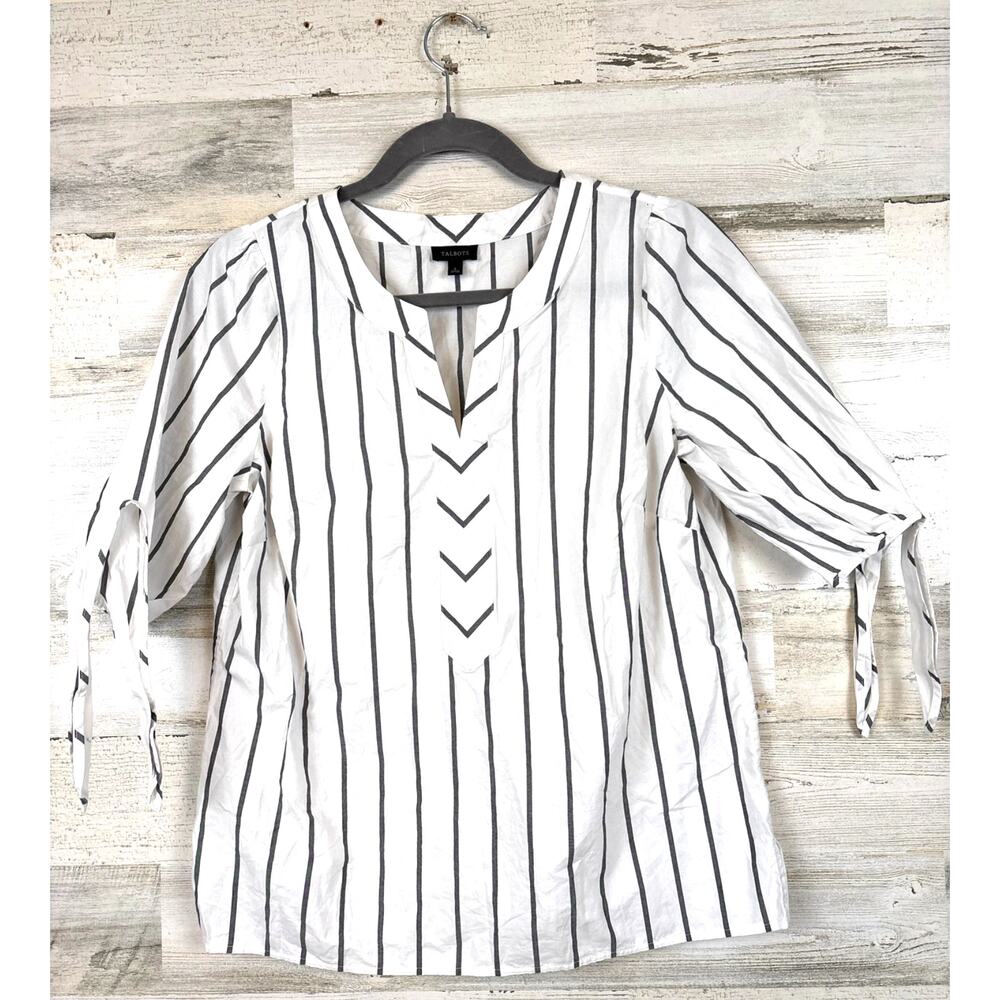 Talbots Womens S Dark Gray White Stripe 3/4 Sleeve Cotton Tie Cuff Blouse Top